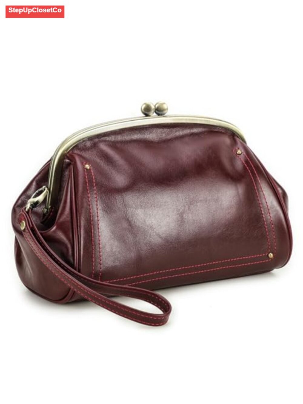 Genuine Leather Kiss Lock Clutch Bag Wristlet Evening Wedding Party